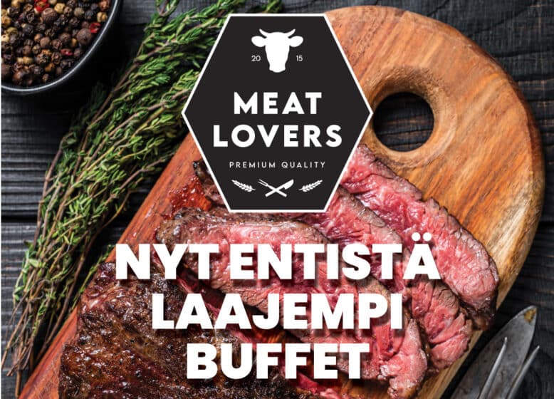 meat lovers logo ja teksti laajempi buffet, lihaa. leikkuulauta